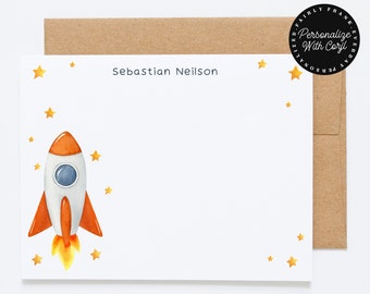 EDITABLE Personalized Rocket Ship Stationery Set for Boys - Customized Space Shuttle Note Cards and Thank You Cards