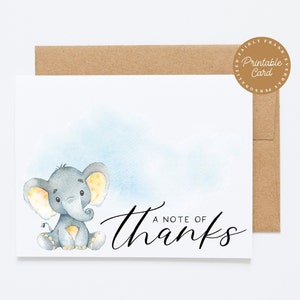 PRINTABLE Aquarelle Elephant Baby Shower Carte de remerciement - Une note de remerciement - merci bébé cartes de remerciement, nouveau bébé merci cartes vierges