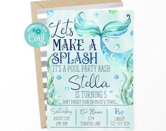 Bearbeitbare Mermaid Pool Party Geburtstagseinladung (Digitaler Download)