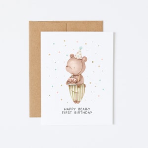1ère carte d'anniversaire - Happy Bear-y First Birthday - carte de joyeux anniversaire, carte d'anniversaire pour enfants, anniversaire de 1 an, carte d'anniversaire ours mignon