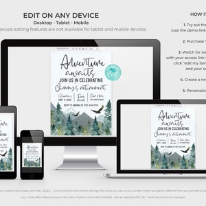 May include: A digital invitation template for a retirement party with a mountain and forest design. The text on the invitation reads "Adventure awaits. Join us in celebrating [Name]'s retirement." The invitation is shown on a computer screen, tablet, and phone.