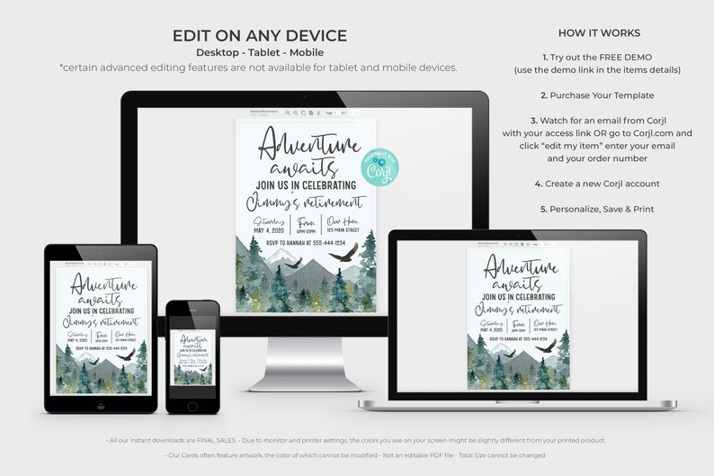 May include: A digital invitation template for a retirement party with a mountain and forest design. The text on the invitation reads "Adventure awaits. Join us in celebrating [Name]'s retirement." The invitation is shown on a computer screen, tablet, and phone.