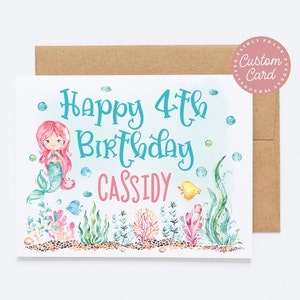Carte d'anniversaire personnalisée sirène pour enfants - Carte d'anniversaire pour filles, carte pour petite-fille, 2ème carte d'anniversaire avec nom, TOUT ÂGE