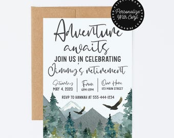 Woodland Ruhestand Einladung: Das Abenteuer erwartet, bearbeitbare Vorlage (Digitaler Download)