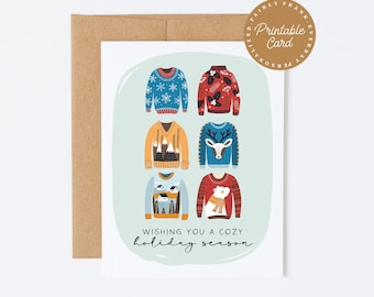 PRINTABLE Festive Ugly Sweater Holiday Cards - Wishing You a Cozy Christmas!