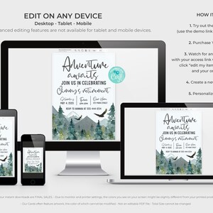 May include: A digital invitation template for a retirement party with a mountain and forest design. The text reads "Adventure awaits. Join us in celebrating [Name]'s retirement." The template is available for editing on a desktop, tablet, or mobile device.