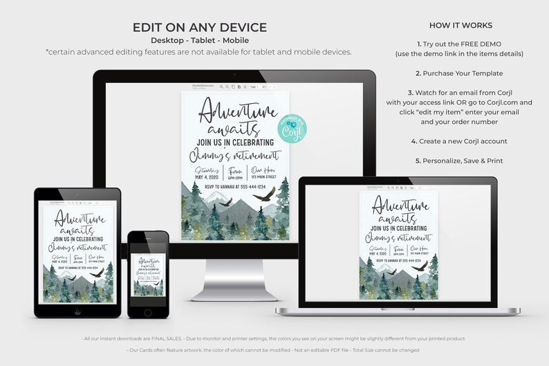 May include: A digital invitation template for a retirement party with a mountain and forest design. The text reads "Adventure awaits. Join us in celebrating [Name]'s retirement." The template is available for editing on a desktop, tablet, or mobile device.