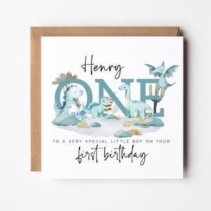 Carte personnalisée premier anniversaire dinosaure - à personnaliser avec son nom
