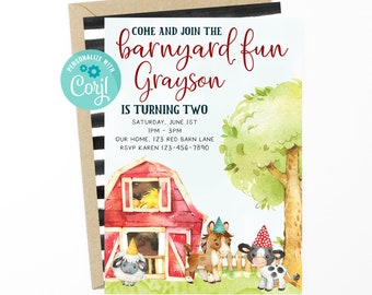 Farm Birthday Invitation: Barnyard Animals, Editable Template