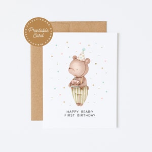 Cartão de primeiro aniversário para impressão - Feliz primeiro aniversário do urso - cartão de aniversário, cartão de aniversário infantil, aniversário de 1 ano, cartão de aniversário de urso fofo