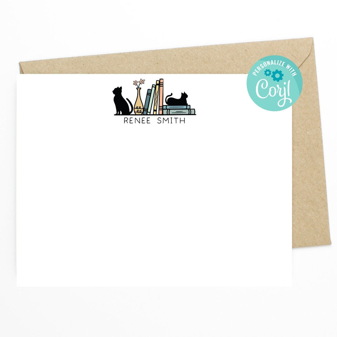 EDITABLE Stationery Books & Cats - Stationery Notecards, Personalized ...