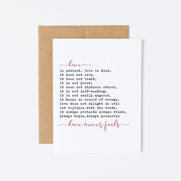 Love Card - 1 Corinthians 13 - Love Is Patient, Love Is Kind - Anniversary Card, Sentimental Card, I Love You Card, Card for Wife