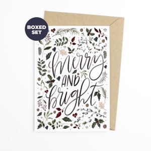 Christmas Boxed Christmas Greeting Cards - Merry and Bright - Set of 10 Greeting Cards & Envelopes-Boxed Holiday Card, Floral Christmas Card