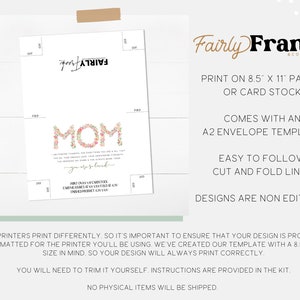 May include: Printable card template for Mother's Day. The card features a floral design spelling out "MOM" in pink and white flowers. The text on the card reads "I am so grateful for everything you are. A big thank you for your endless love, your unwavering support, and for always being there for me. The memories we have together are some of my favorite. You are so kind."
