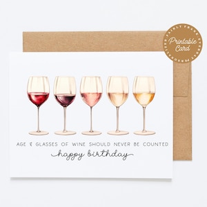 Cartão de aniversário engraçado para impressão com vinho - Idade e taças de vinho nunca devem ser contadas. Feliz aniversário