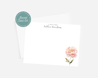 Personalized Peony Stationery & Custom Notecard Set- 10 Flat Notecards with Envelopes