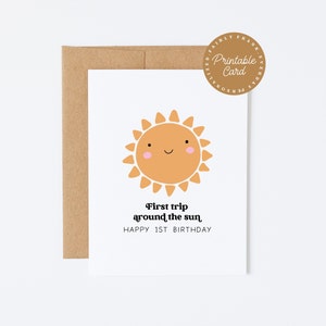 Carte de 1er anniversaire IMPRIMABLE - Premier voyage autour du soleil. Joyeux 1er anniversaire - carte de 1er anniversaire, première carte d'anniversaire, jolie carte d'anniversaire