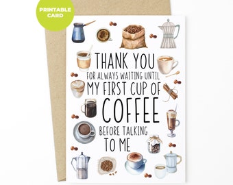 Tarjeta de aniversario de café divertida: Te amo, gracias (descarga digital)