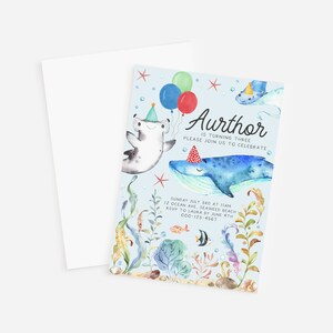 May include: A blue and white birthday invitation with a watercolor illustration of a whale, a hammerhead shark, and other sea creatures. The text reads "Aurthor is turning three. Please join us to celebrate. Sunday, July 3rd at 11am, 12 Ocean Ave, Seaweed Beach. RSVP to Laura by June 4th, 000-123-4567."