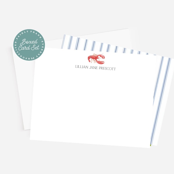 Personalized Lobster Notecard Set, Coastal Folded Stationery Cards, Nautical Boxed Card Set with Envelopes, Custom Beach Correspondence