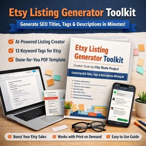 Op de afbeelding: Een Etsy Listing Generator Toolkit-boek, laptop en smartphone worden getoond op een houten bureau. De boekomslag luidt "Etsy Listing Generator Toolkit". Het laptopscherm toont een website. De smartphone toont een Etsy-listing. De afbeelding bevat ook een bril en pennen.