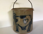 RINNY STABER Pottery Crock colander with Cow Ancram NY Cobalt Blue Glaze Stoneware Iron Handle Vintage Rinny Stoneware Cow Design