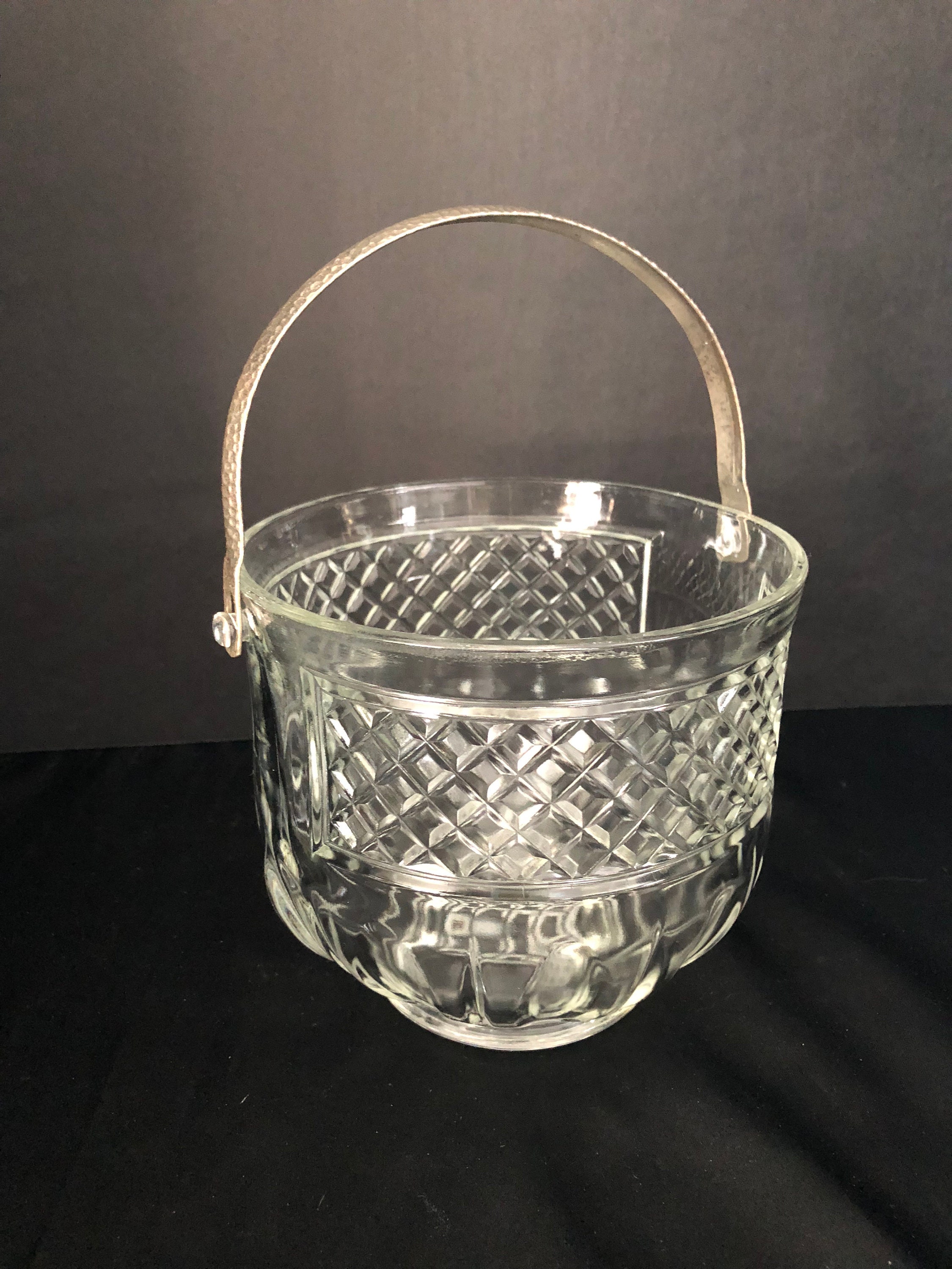 Glass Ice Bucket with Hammered silver metal handle / Vintage Etsy