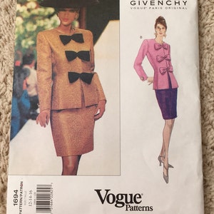 Vogue Paris Original sewing pattern Givenchy 1694 size 12-14-16 from 1980s *uncut* in original package, top and skirt (suit), bows, complete