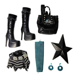 May include: A collection of black accessories, including platform heeled boots, a backpack with a skull and crossbones design, a star, earrings, and a striped top. The boots have silver studs. The earrings and top have blue accents.