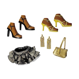 May include: A collection of fashion accessories, including two pairs of brown and black high-heeled sandals, a gold handbag, a black and gold ruffled skirt, and gold earrings.