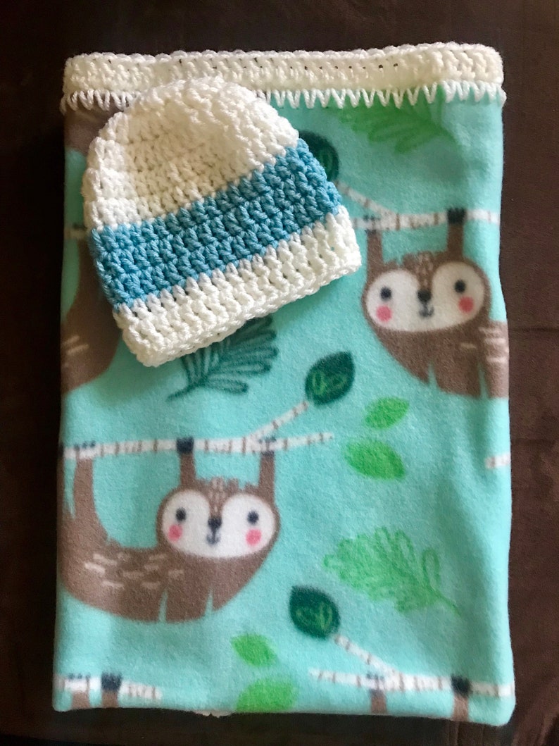 30 x 30 Baby Boy or Baby Baby Sloth Gift Sloth Themed No-Sew Fleece Blanket with Crochet Border /& Crochet Hat Set Sloth Baby Gift Set
