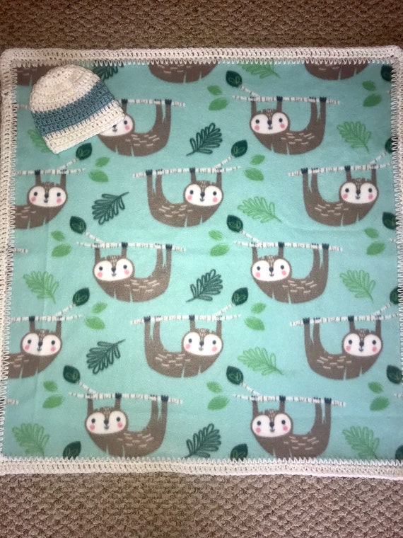 30 x 30 Baby Boy or Baby Baby Sloth Gift Sloth Themed No-Sew Fleece Blanket with Crochet Border /& Crochet Hat Set Sloth Baby Gift Set