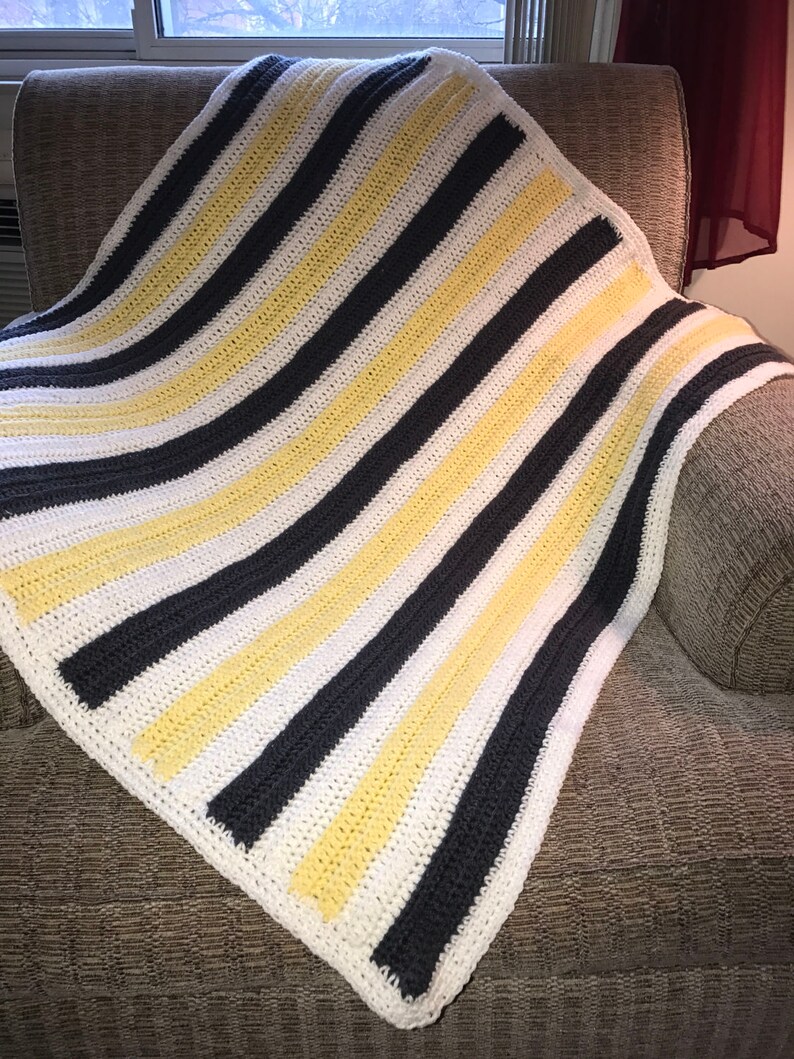 Crochet Baby Blanket Yellow Gray White Stripe Baby Blanket Etsy