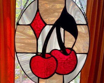 Lucky Cherry Stained Glass Wall Panel suncatcher
