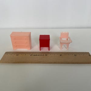 Dollhouse furniture vintage plastic Marx chest, nightstand and child’s chair #1619