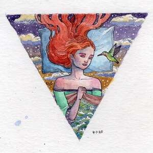 Original Art Fantasy Watercolor Woman Hummingbird Surreal &quot;Visitor of Dreams&quot;