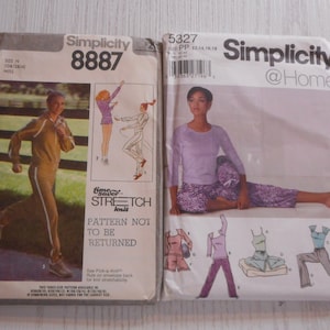 May include: Two sewing patterns, one for a running outfit and one for a yoga outfit. The running pattern is Simplicity 8887 and the yoga pattern is Simplicity 5327. Both patterns are for knit fabrics.