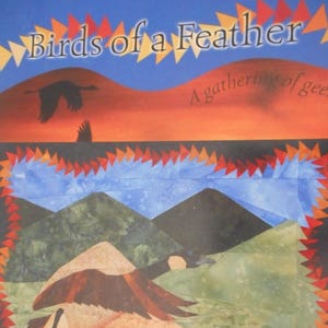 May include: A book titled "Birds of a Feather: A gathering of geese" with a colorful illustration of a goose flying over a mountain range. The book cover features a red, orange, and yellow background with a blue sky.