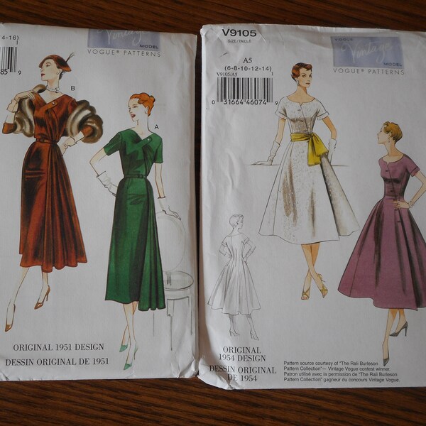 Retro 1950's Womens Dresses with asymmetrical front closures. Your choice of like new sewing patterns.  Sizes 6-14, 8-16 or 16-24.