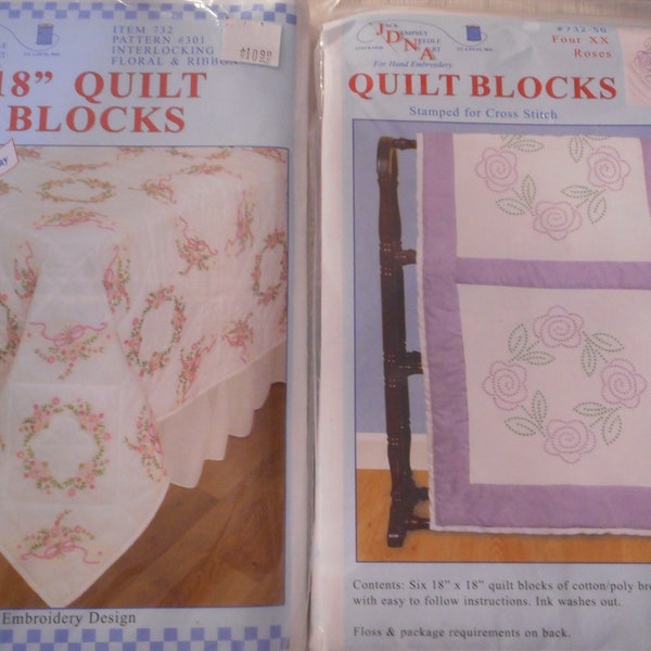 6 stamped for Embroidery Quilt Blocks by Jack Dempsy Needle Art. Easy to do, floral wreaths.  New, in the original packaging.