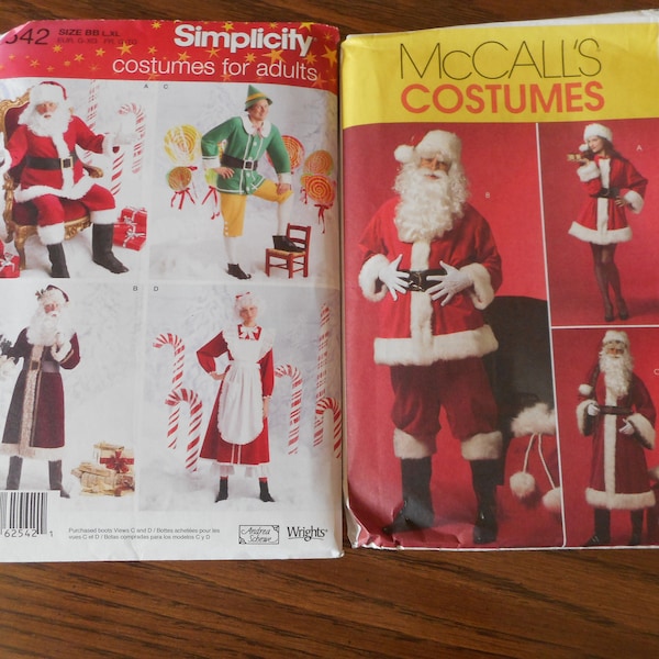 Christmas Costumes, Santa, St. Nick, Elf, Mrs. Claus. Adult Sizes Xs-Med or L-XL. Your choice of like new sewing patterns.