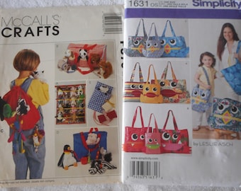May include: Two sewing patterns for bags. The first pattern is from McCall's Crafts and shows a child wearing a red backpack with various stuffed animals attached. The second pattern is from Simplicity and shows three different owl-themed bags with colorful fabrics.