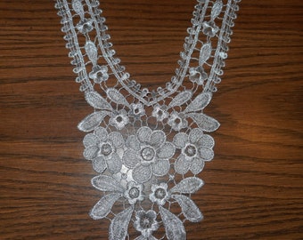 Metallic Silver Floral Lace Collar Applique, New item. For Wedding or evening wear.  14" long.