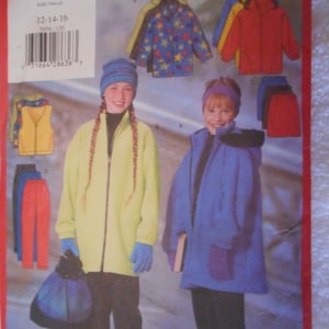 May include: A sewing pattern featuring illustrations of children's outerwear. The pattern includes designs for jackets, vests, and pants in various colors, including yellow, blue, and red. The pattern size is 12-14-16.