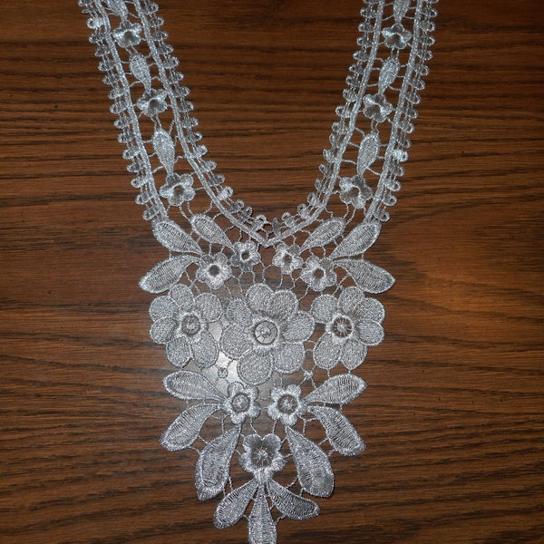 Metallic Silver Floral Lace Collar Applique, New item. For Wedding or evening wear.  14" long.