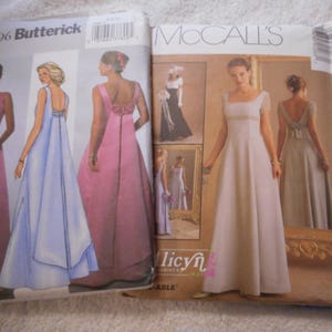 May include: Three sewing patterns for dresses. The first pattern is for a light blue dress with a low back. The second pattern is for a pink dress with a low back. The third pattern is for a light beige dress with a low back. The patterns are from McCall's and Butterick.