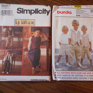 May include: Two sewing pattern packages, one from Simplicity and one from Burda. The Simplicity pattern is for children's clothing and features a photo of three boys wearing different outfits. The Burda pattern is for men's clothing and features a photo of three boys wearing matching outfits. The text on the Simplicity pattern reads "k.p. kid's & co.". The text on the Burda pattern reads "Hose & West Pantalon & Let Pants & Vest Pantalon & Chaleco".