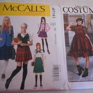 May include: McCall's Costumes sewing pattern featuring school uniform and costume designs. The pattern includes illustrations of various outfits, such as a blazer and pleated skirt, and a red dress with black polka dots. Size A5 (6-8-10-12-14).