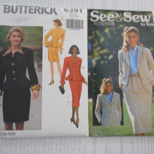 Può includere: Due modelli di cucito per abiti da donna. Il modello a sinistra è di Butterick ed è per un abito nero con colletto a stampa leopardata. Il modello a destra è di See & Sew by Butterick ed è per un abito beige chiaro.