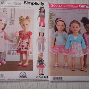 May include: Two Simplicity pattern envelopes featuring doll clothes. One pattern shows a doll in a chef's outfit and other outfits. The other pattern shows dolls in various outfits, including a striped shirt and skirt.